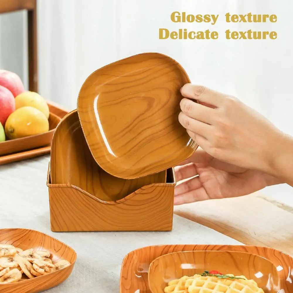 Japanisches Teller-Set mit Holzmaserung – Quadratisch & Schlicht