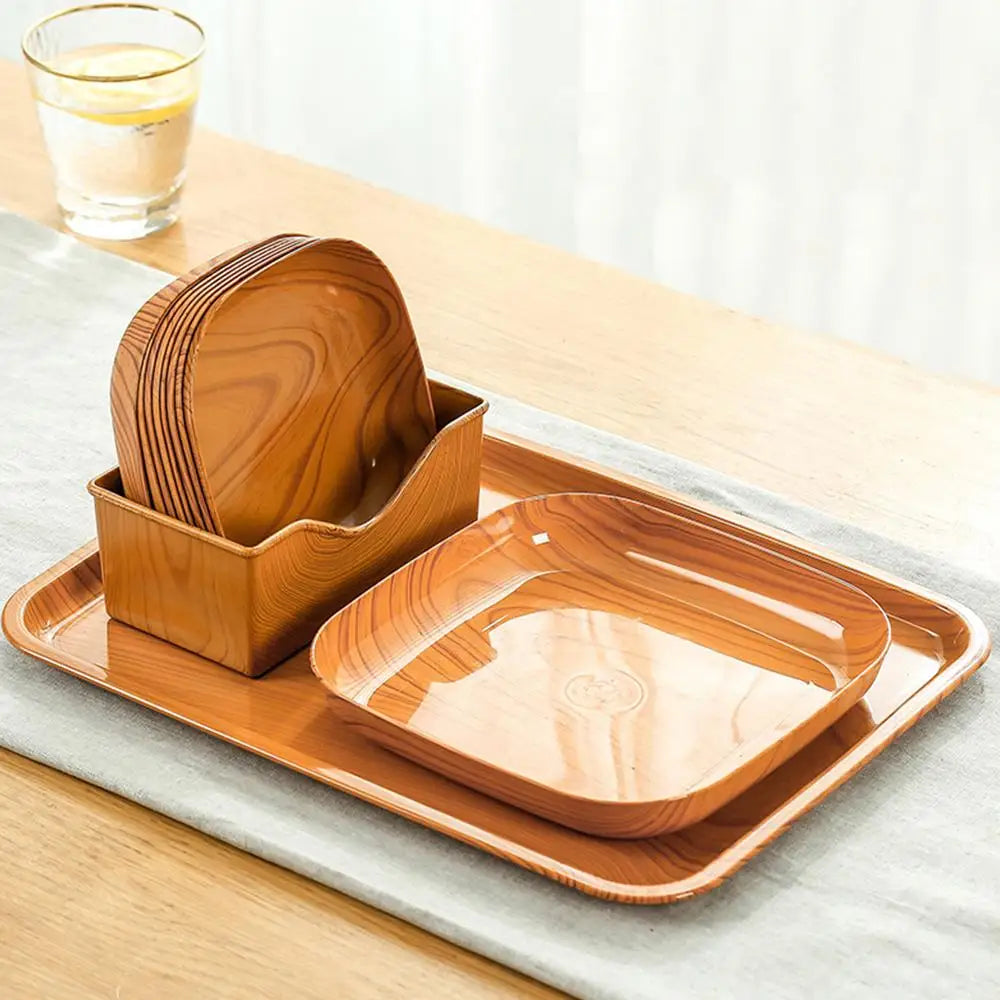 Japanisches Teller-Set mit Holzmaserung – Quadratisch & Schlicht